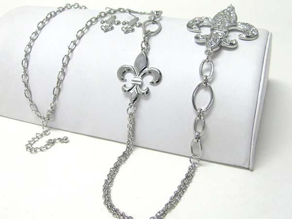 Crystal stud fleur de lis link long necklace earring set