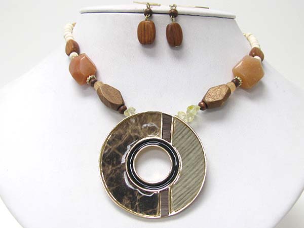 Multi wood and enamel mosaic round pendant mixed stone necklace and earring set?