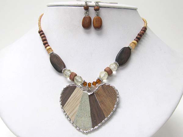 Multi wood and enamel mosaic heart pendant mixed stone necklace and earring set?