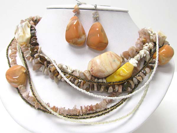 Multi row chunky acryl stone and mixed natural chip stone necklace earring set