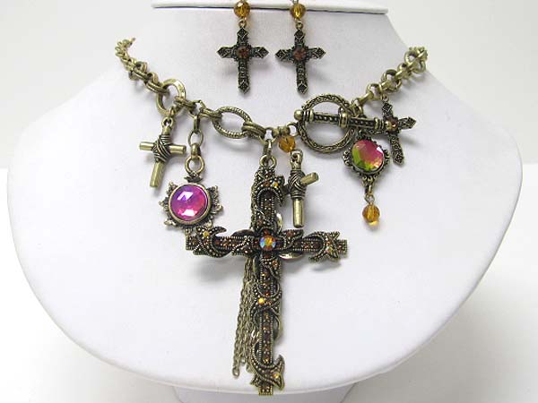 Crystal stud multi cross charm dangle neckalce earring set