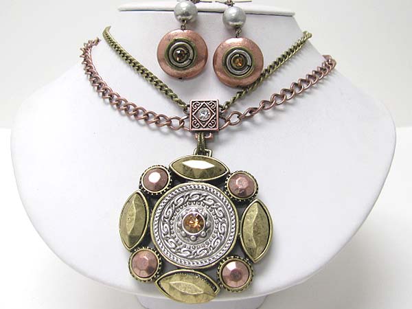 Metal art deco round pendant neckalce earring set