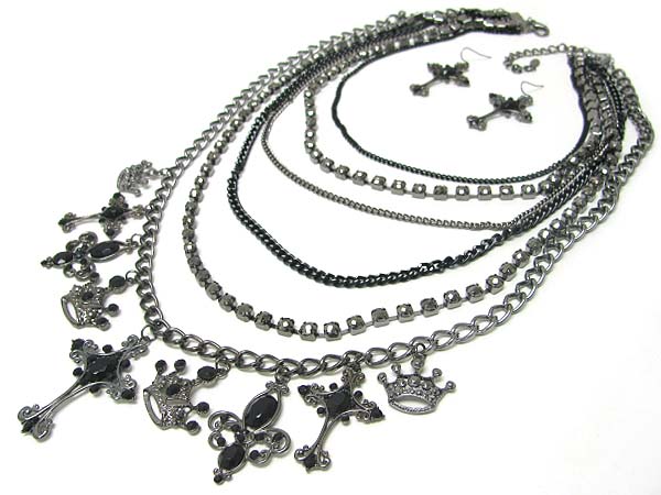 Crystal stud multi cross charm dangle multi row chain necklace earring set