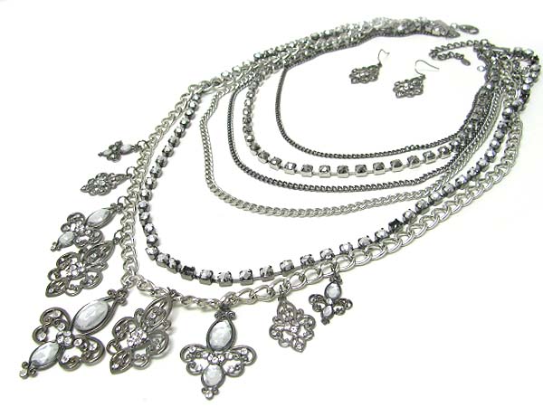 Crystal stud multi fleur de lis charm dangle multi row chain necklace earring set