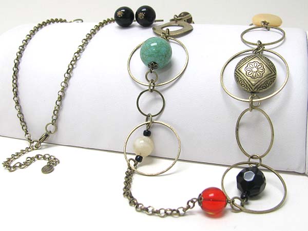 Mixed semi precious stone and antique metal hoop link necklace earring set - hoops