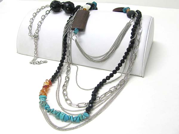 Mixed natural chip stone and multi metal chain link long necklace earring set