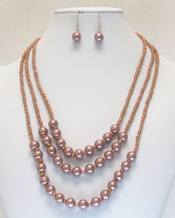 3 layered multi pearl chain necklace earring set