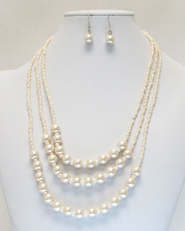 3 layered multi pearl chain necklace earring set