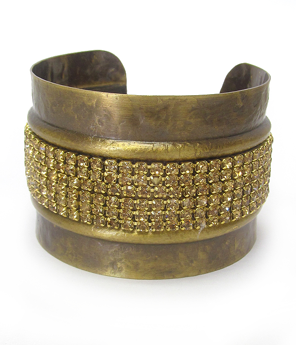 Rhinestone center brass cuff bangle bracelet