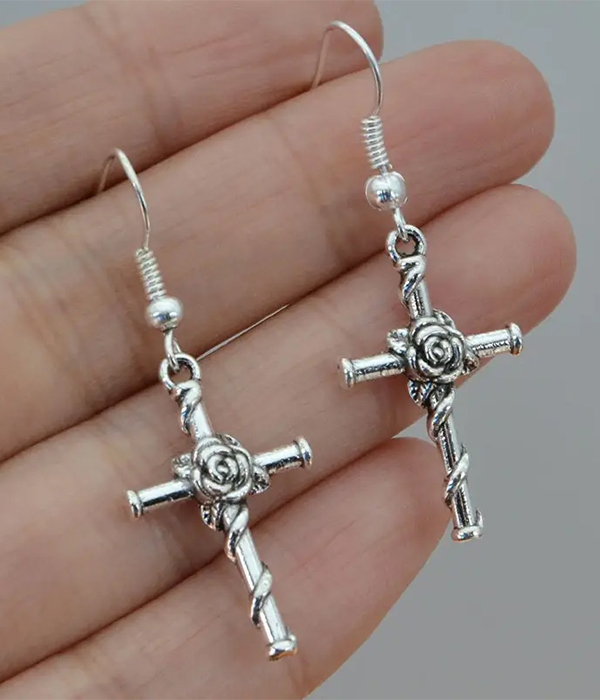 Flower center cross earring