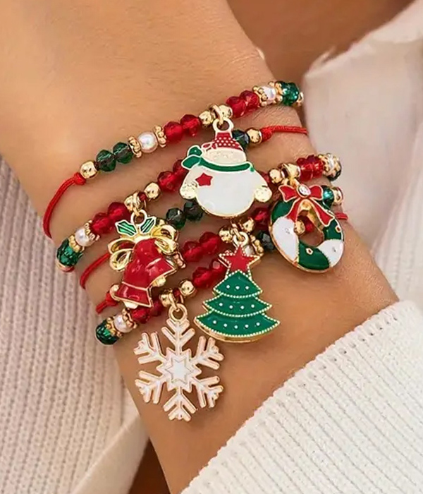 Christmas theme multi charm bracelet set - snowflake snowman