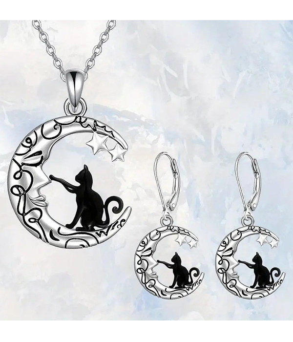 Cat and crescent moon pendant necklace earring set