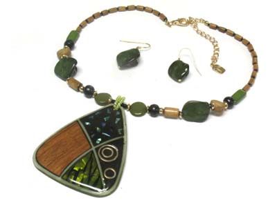 Shell and wood deco metal large pendant necklace and earring set 