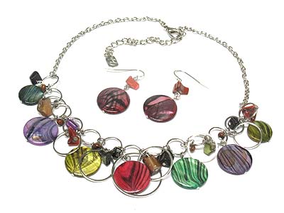 Multi round shell disk charms necklace and earring set 