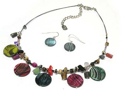 Multi round shell disk and natural stone deco necklace and earring set 