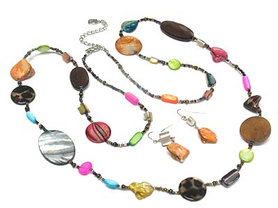 Multi color and size shell disk and seed beads long necklace and earring set 