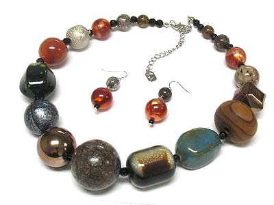 Germ stone wood and glass multi ball necklace and earring set  