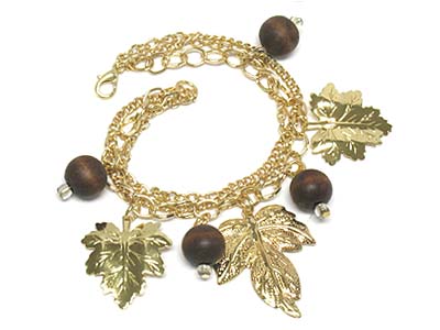 Metal leaves charm and wood beads multi strands bracelet