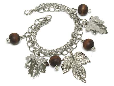 Metal leaves charm and wood beads multi strands bracelet