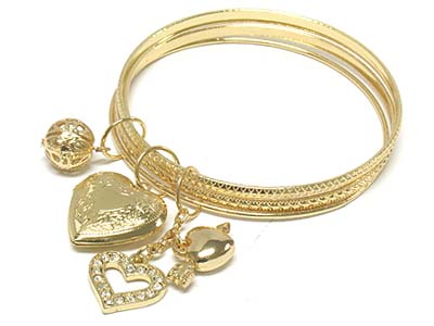 Casting metal heart locket and crystal deco charm bangle