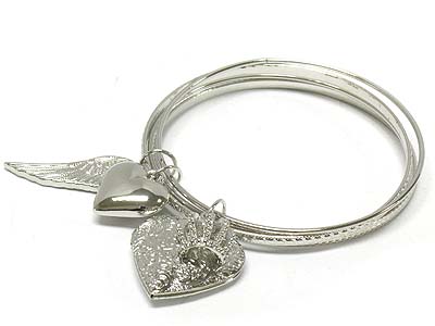 Casting metal heart locket and crystal deco crown charm and wing bangle