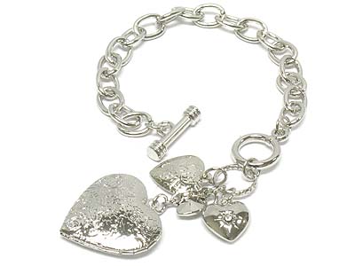 Crystal deco heart locket and heart charms toggle bracelet 