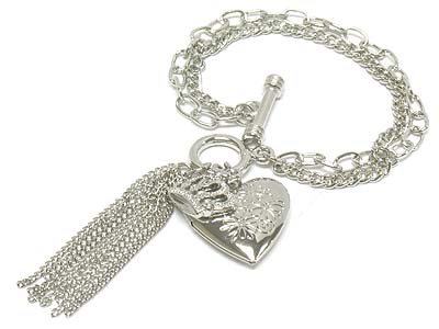 Metal heart locket and crown and multi row charms toggle bracelet 