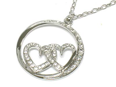 Crystal deco dual heart round pendant necklace