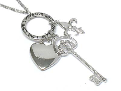 Metal key and heart charm love necklace