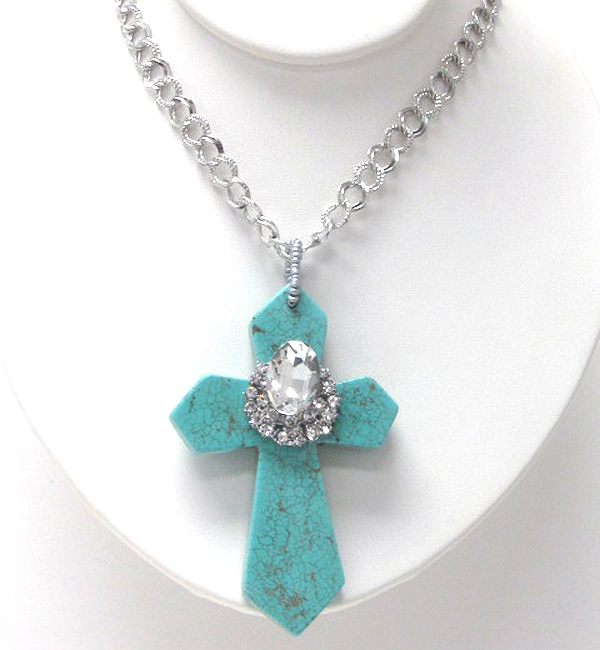 Crystal and glass center deco turquoise cross necklace