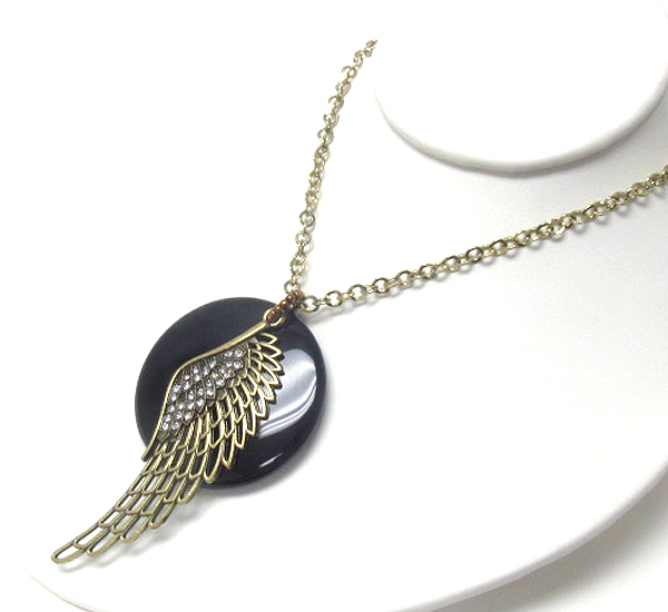 Crystal deco angel wing on stone disk necklace