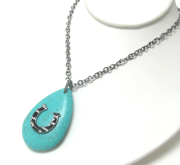 Tear drop turquoise and crystal deco horse shoe long necklace