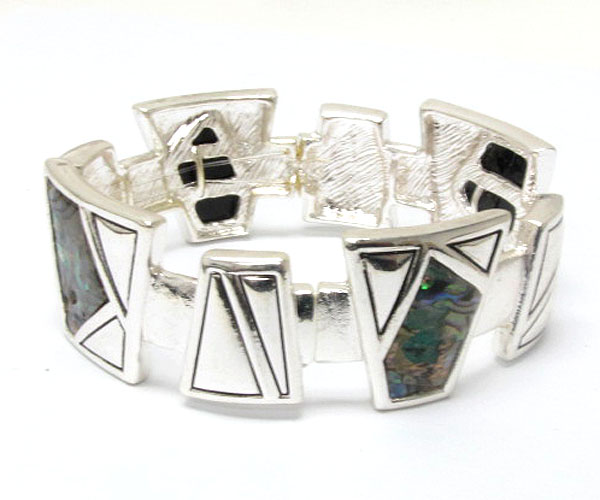 Abalone accent deco metal bar link stretch bracelet