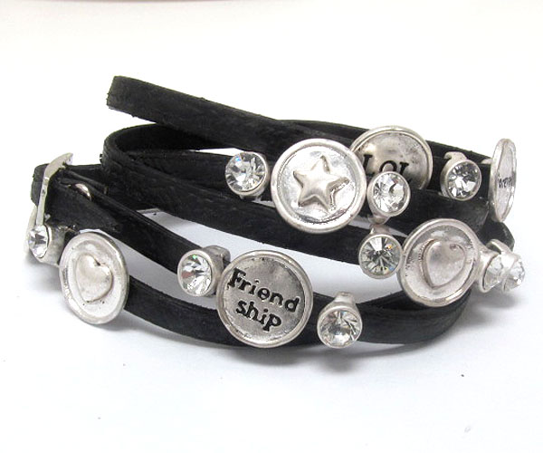 Crystal deco friendship theme leatherette wrap bracelet