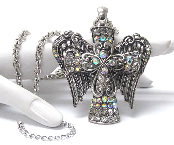 Crystal and metal filigree cross and angel wing necklace