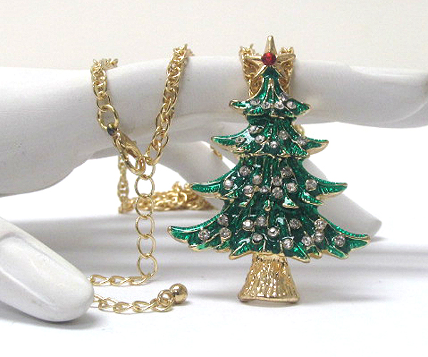 Crystal and paint deco christmas tree pendant long necklace