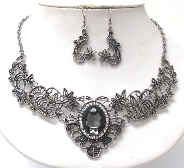 Facet glass and crystal deco metal filigree necklace earring set