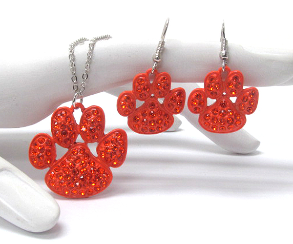 Crystal and paint deco paw necklace earring set