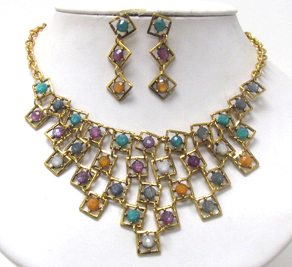 Multi stone and square link vintage style necklace earring set