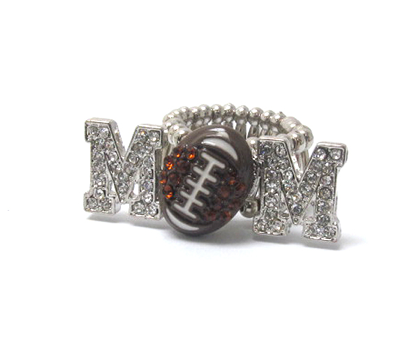 Crstal and paint deco football mom stretch ring