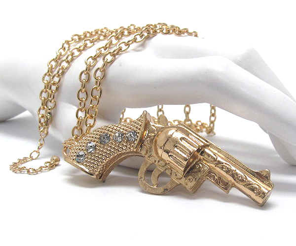 Crystal deco 3d revolver long necklace