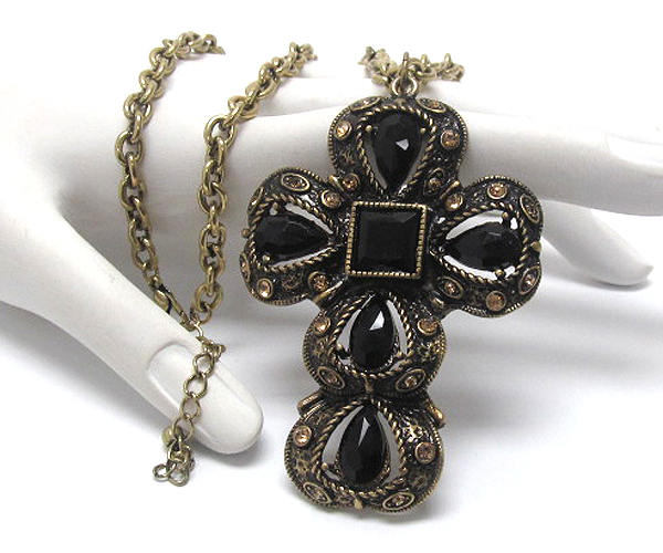 Crystal deco metal filigree cross long necklace