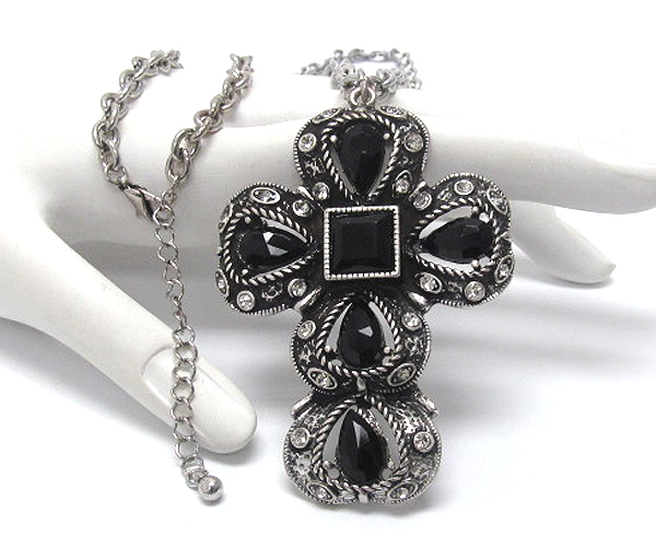 Crystal deco metal filigree cross long necklace 