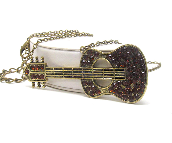 Crystal deco large guitar pendant long necklace