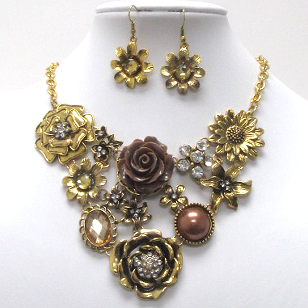 Crystal deco multi metal flower link bib style necklace earring set