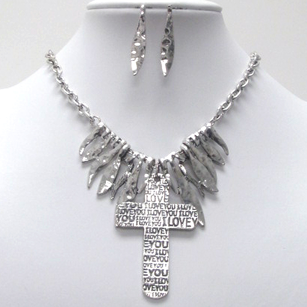 I love you message cross pendant necklace earring set