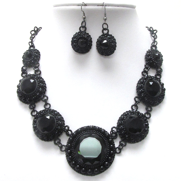 Multi facet glass and metal ball deco disk link necklace earring set