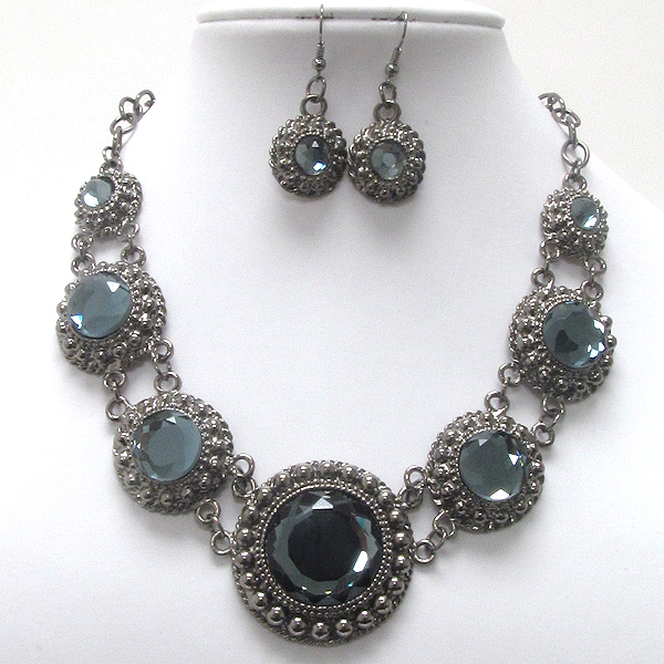 Multi facet glass and metal ball deco disk link necklace earring set