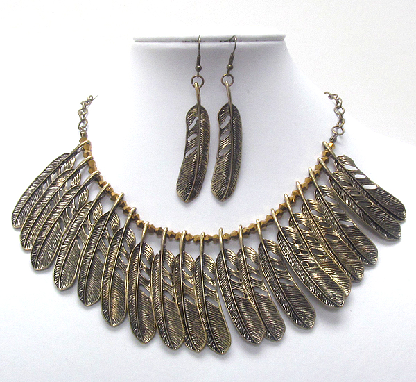 Multi metal filigree feather drop necklace earring set