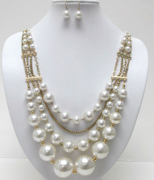 Multi size pearl link triple line chain deco necklace earring set